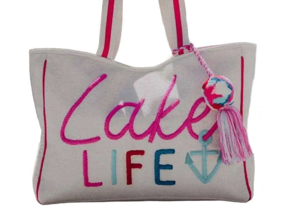 NEW KATYDID women's lake life tote bag in ecru/pink